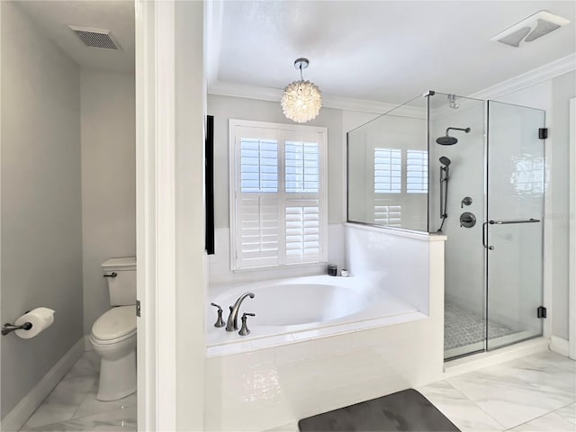 bathroom with visible vents, a shower stall, a garden tub, and marble finish floor