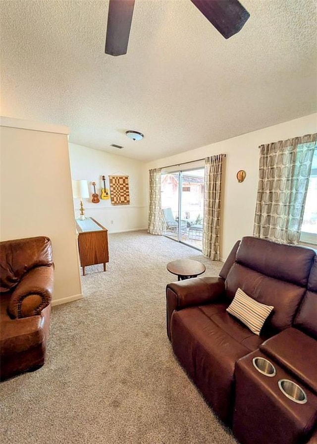 600 Lake St, Fruitland Park, FL 34731 - carpeted living area with a ceiling fan, a textured ceiling, and lofted ceiling