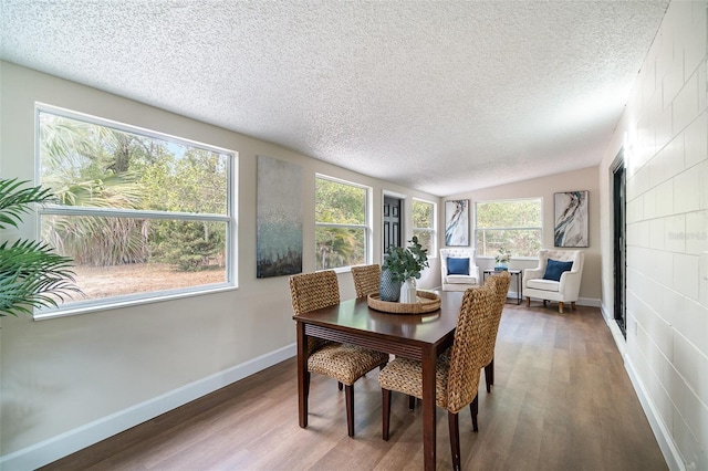 dining area with a textured ceiling, wood finished floors, vaulted ceiling, and baseboards
