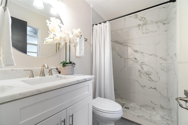 bathroom with toilet, vanity, and a stall shower