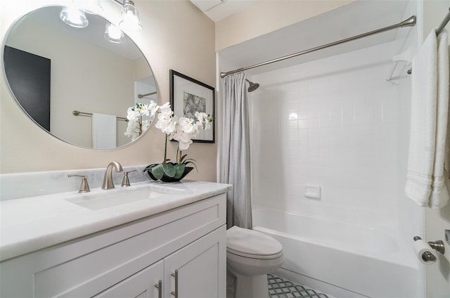 bathroom featuring shower / bathtub combination with curtain, toilet, and vanity