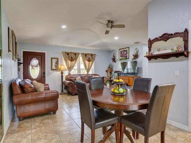 dining area with light tile patterned floors, ceiling fan, visible vents, baseboards, and recessed lighting