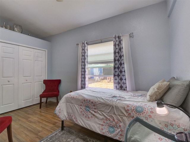 bedroom with wood finished floors and a closet