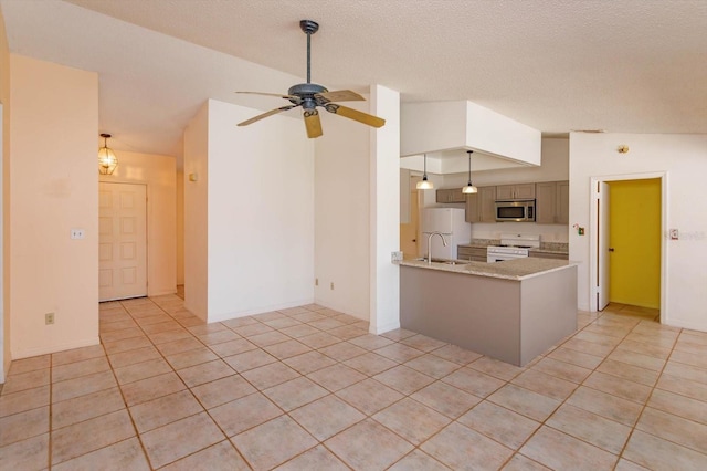 kitchen with light tile patterned floors, a ceiling fan, vaulted ceiling, and white appliances