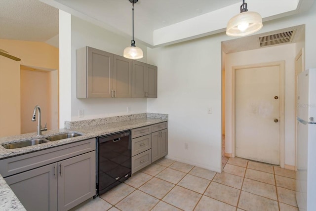 kitchen featuring gray cabinets, visible vents, dishwasher, and a sink