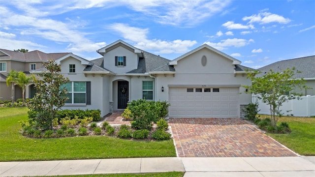 view of front of property featuring roof with shingles, an attached garage, stucco siding, a front yard, and decorative driveway
