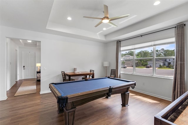 playroom featuring pool table, ceiling fan, wood finished floors, and a raised ceiling