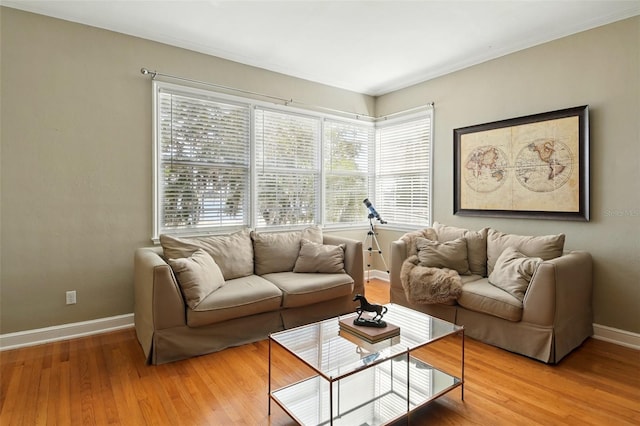 living area featuring crown molding, light wood-style flooring, and baseboards