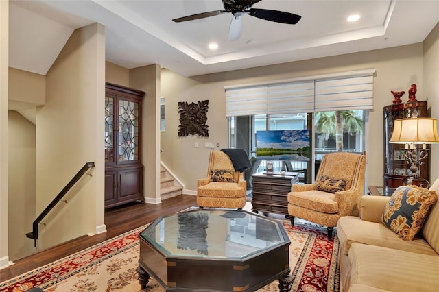 1767 Piedmont Pl, Lake Mary, FL 32746 - living area featuring a ceiling fan, wood finished floors, baseboards, a raised ceiling, and recessed lighting