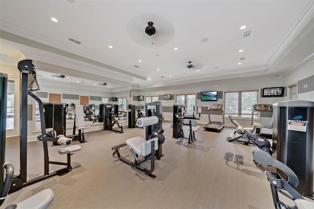 1767 Piedmont Pl, Lake Mary, FL 32746 - exercise room with crown molding, light colored carpet, a tray ceiling, and visible vents