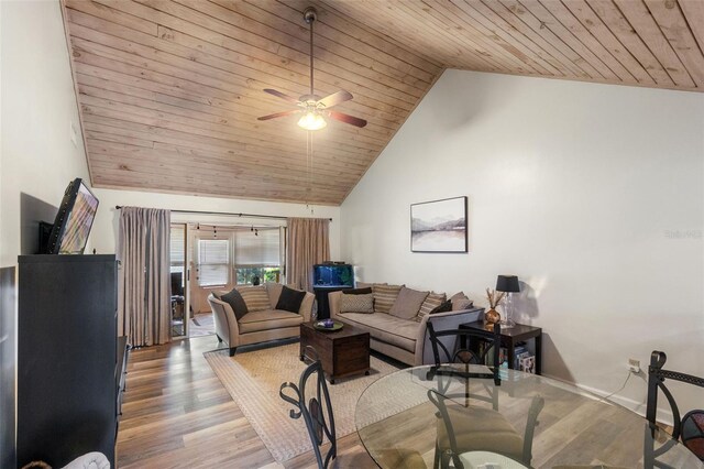 living room with wooden ceiling, ceiling fan, high vaulted ceiling, and wood finished floors