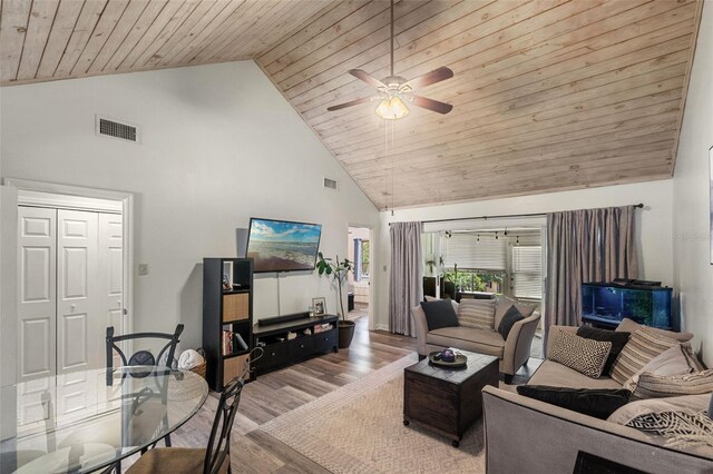 living area featuring a ceiling fan, high vaulted ceiling, visible vents, and wood finished floors