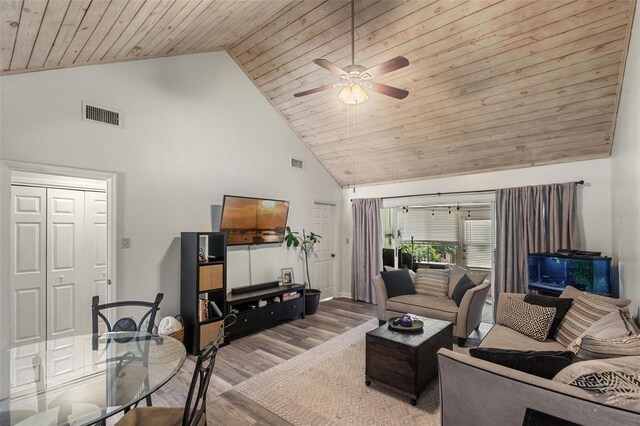 living room featuring wooden ceiling, high vaulted ceiling, wood finished floors, and visible vents