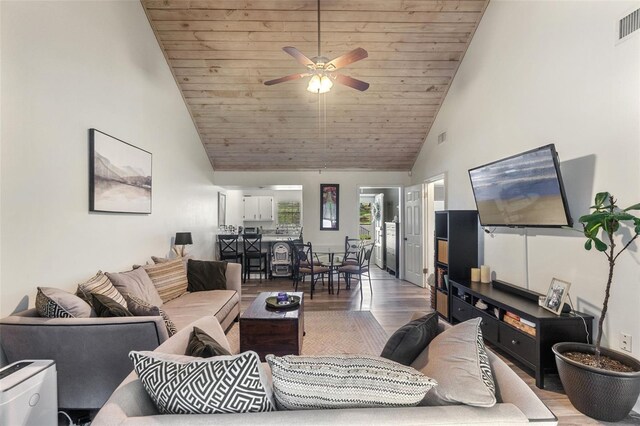 living area featuring ceiling fan, high vaulted ceiling, wood finished floors, visible vents, and wood ceiling