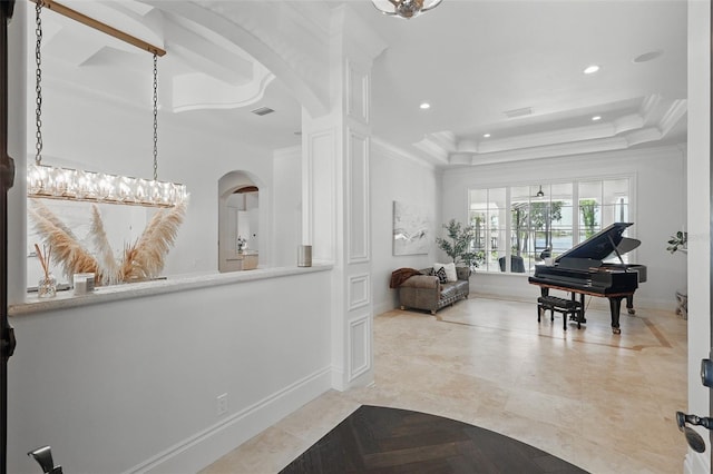 5550 Osprey Isle Ln, Orlando, FL 32819 - interior space with recessed lighting, ornamental molding, arched walkways, and a tray ceiling