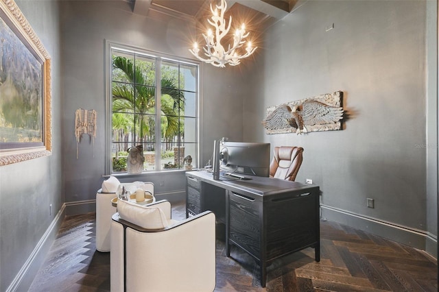 5550 Osprey Isle Ln, Orlando, FL 32819 - home office with baseboards and a chandelier