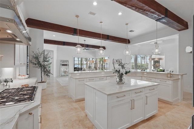 5550 Osprey Isle Ln, Orlando, FL 32819 - kitchen featuring beam ceiling, a peninsula, a large island, a ceiling fan, and under cabinet range hood