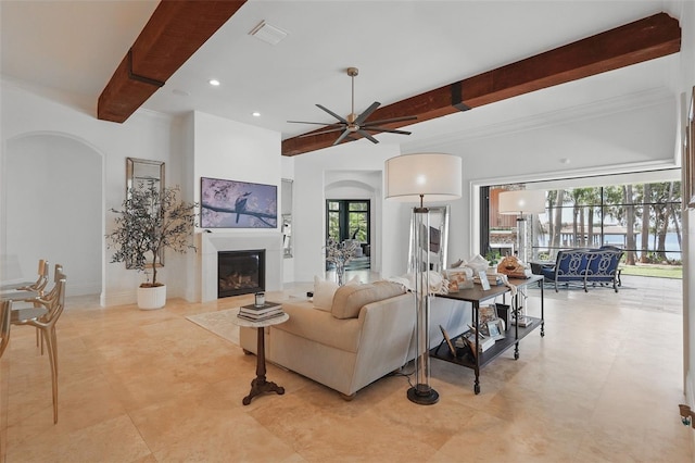 5550 Osprey Isle Ln, Orlando, FL 32819 - living room featuring ceiling fan, recessed lighting, beam ceiling, and visible vents