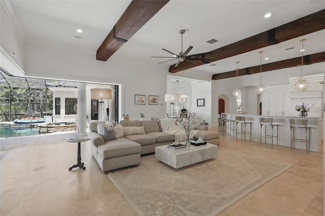 5550 Osprey Isle Ln, Orlando, FL 32819 - living room featuring visible vents, beam ceiling, ceiling fan, recessed lighting, and arched walkways
