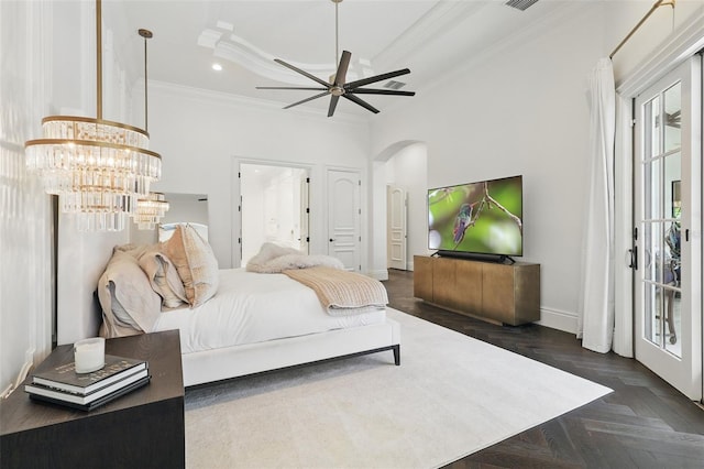5550 Osprey Isle Ln, Orlando, FL 32819 - bedroom featuring crown molding, arched walkways, multiple windows, and recessed lighting
