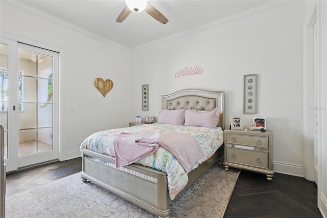 5550 Osprey Isle Ln, Orlando, FL 32819 - bedroom featuring access to outside, baseboards, ornamental molding, and ceiling fan