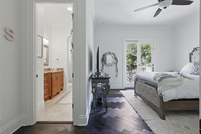 5550 Osprey Isle Ln, Orlando, FL 32819 - bedroom with access to outside, ensuite bath, a ceiling fan, baseboards, and ornamental molding