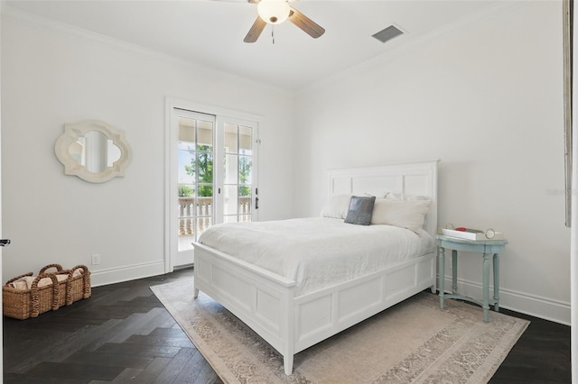 5550 Osprey Isle Ln, Orlando, FL 32819 - bedroom with visible vents, ornamental molding, baseboards, and access to exterior