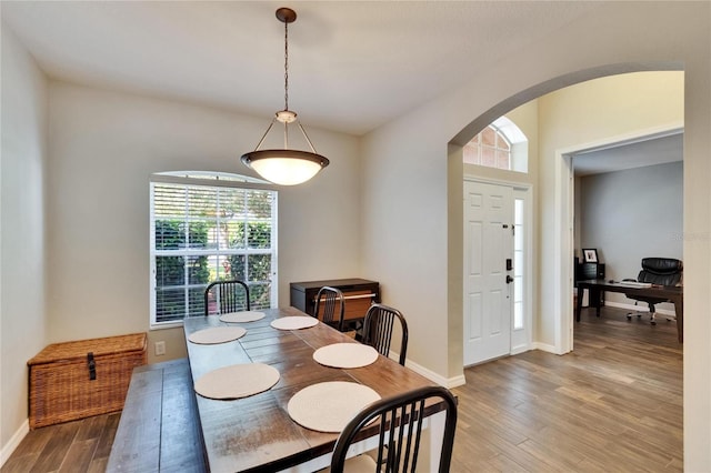 dining space with wood finished floors, baseboards, a healthy amount of sunlight, and arched walkways