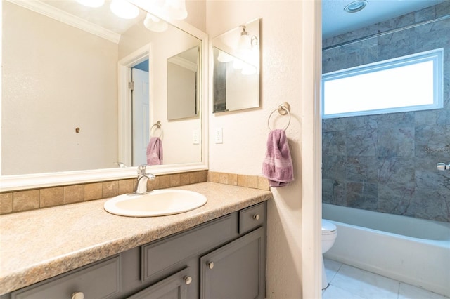 bathroom with shower / tub combination, vanity, tile patterned floors, toilet, and crown molding
