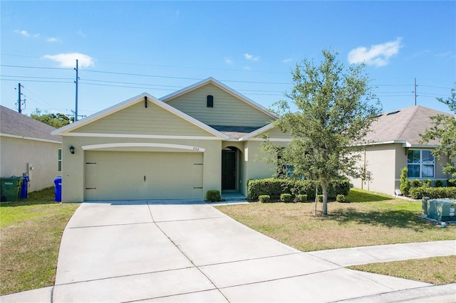 single story home featuring stucco siding, a front lawn, driveway, and an attached garage
