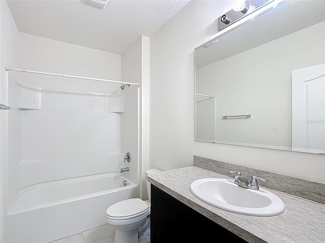 bathroom with toilet, shower / tub combination, tile patterned flooring, and vanity