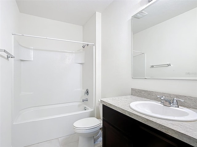 full bathroom featuring shower / bathing tub combination, toilet, vanity, and tile patterned flooring