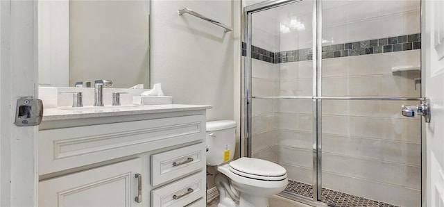 bathroom featuring vanity, toilet, and a shower stall