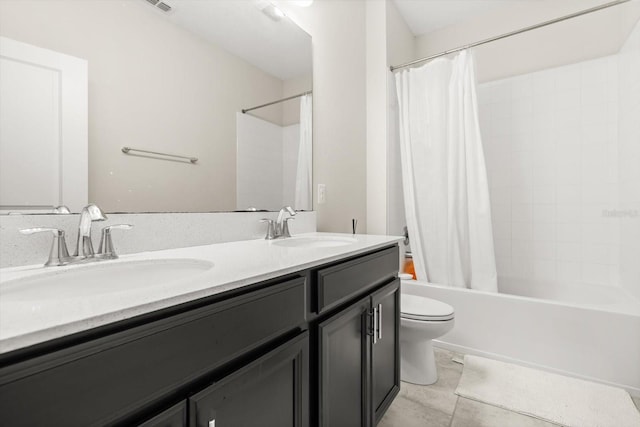 full bath featuring double vanity, shower / tub combo, toilet, and a sink