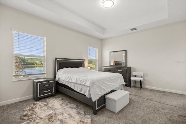 bedroom featuring carpet floors, visible vents, a tray ceiling, and baseboards