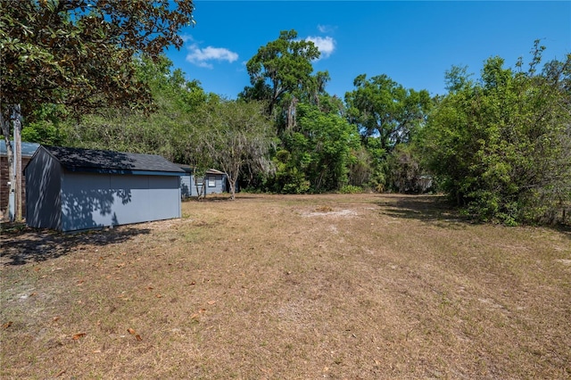 view of yard with a storage shed and an outbuilding
