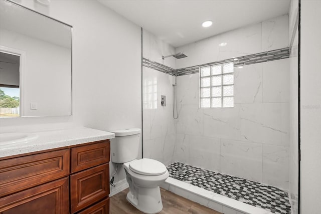 bathroom featuring toilet, a marble finish shower, a wealth of natural light, and vanity