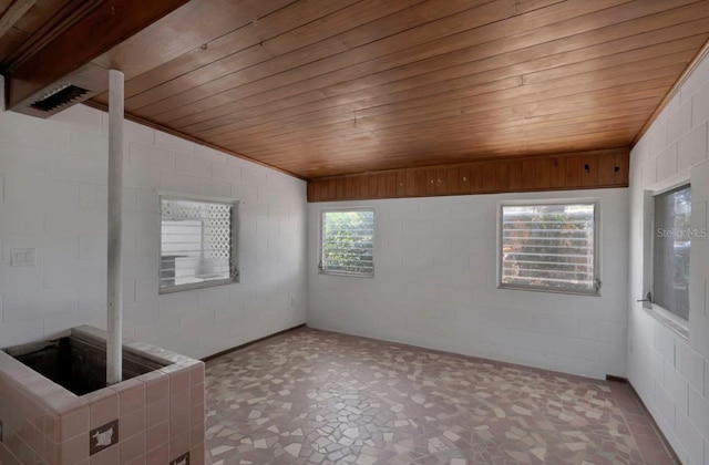 spare room with concrete block wall and wooden ceiling