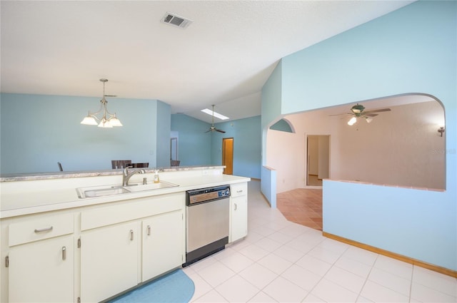 kitchen featuring a sink, dishwasher, ceiling fan with notable chandelier, open floor plan, and visible vents