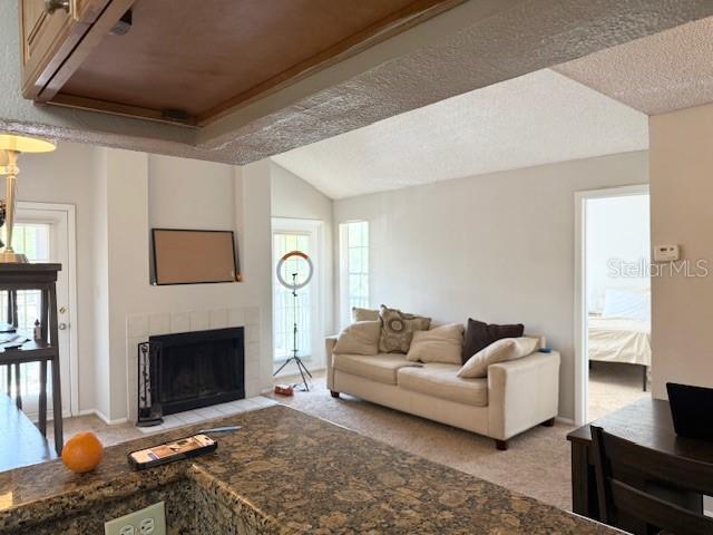 224 Afton Sq Unit 301, Altamonte Springs, FL 32714 - living room featuring a fireplace, light carpet, and lofted ceiling