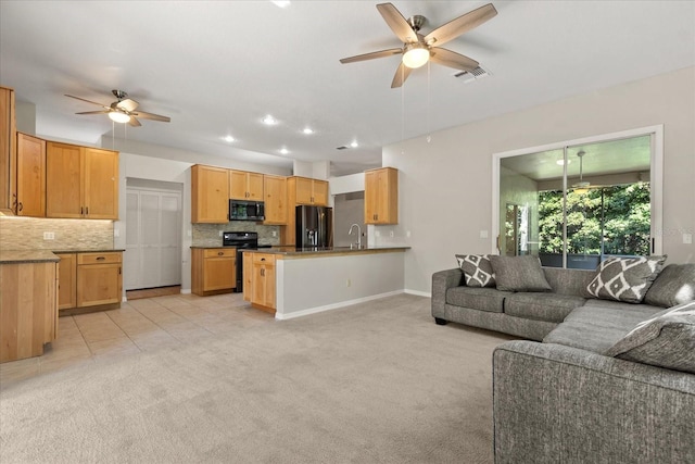 14841 Faversham Cir, Orlando, FL 32826 - living room with a ceiling fan, light carpet, recessed lighting, baseboards, and light tile patterned floors