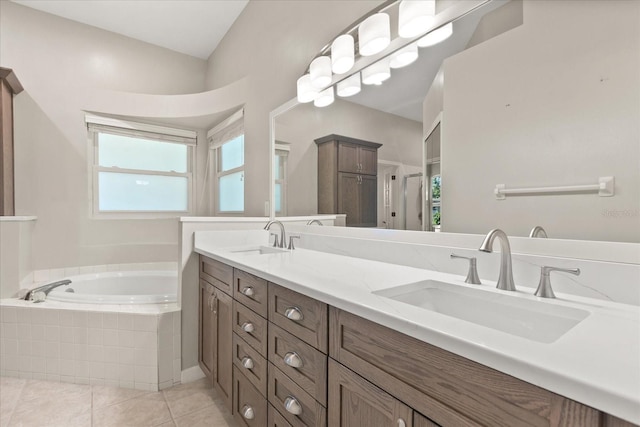 14841 Faversham Cir, Orlando, FL 32826 - full bath with a garden tub, double vanity, tile patterned floors, and a stall shower