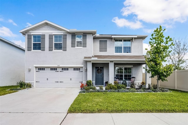 1220 Tahitian Sunrise Dr, Plant City, FL 33565 - view of front of house with a porch, stucco siding, a front yard, concrete driveway, and an attached garage