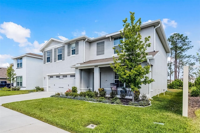 1220 Tahitian Sunrise Dr, Plant City, FL 33565 - traditional-style home with stucco siding, covered porch, a front yard, concrete driveway, and an attached garage