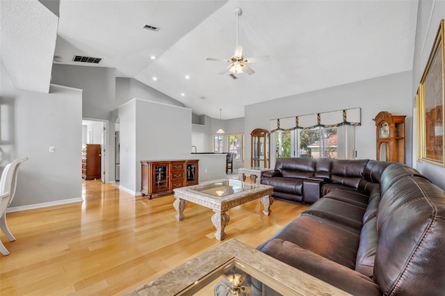 living room featuring visible vents, ceiling fan, light wood-style floors, and recessed lighting
