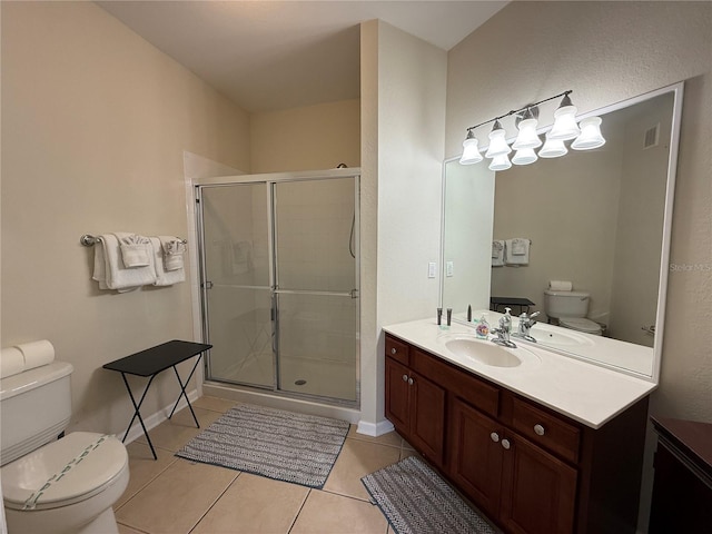 full bathroom featuring toilet, a stall shower, tile patterned flooring, and visible vents
