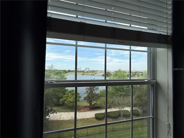 interior details with a water view