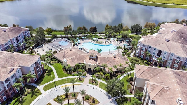 bird's eye view with a water view