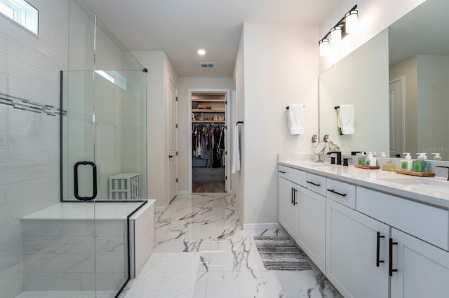 full bathroom with recessed lighting, a sink, baseboards, visible vents, and a stall shower