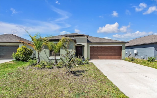 view of front of house with an attached garage, stucco siding, a front yard, and concrete driveway